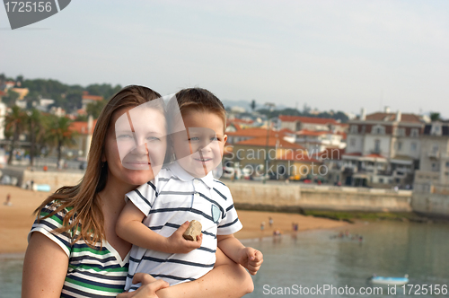 Image of Happy mother and son at European destination