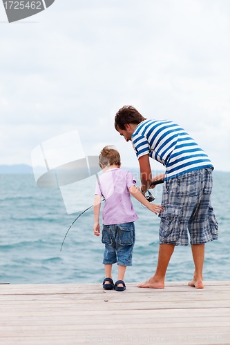 Image of Father and son fishing from jetty