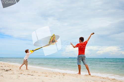 Image of Father and son flying kite