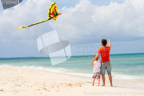 Image of Father and son flying kite on beach 