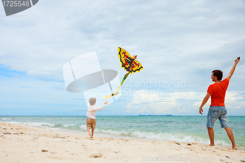 Image of Father and son flying kite