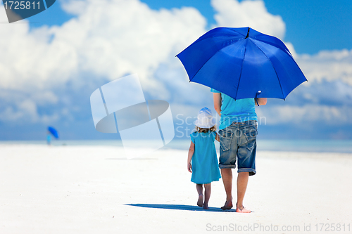 Image of Father and daughter walking at beach