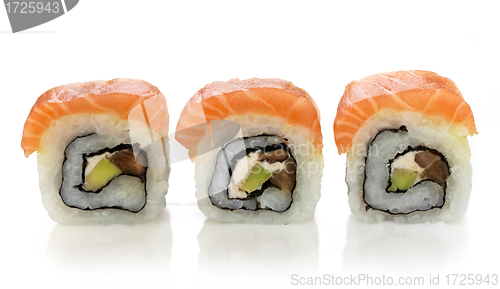 Image of three fresh sushi with salmon and avocado