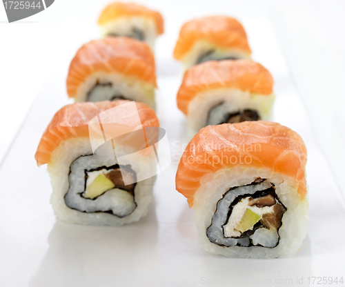 Image of sushi with salmon and avocado