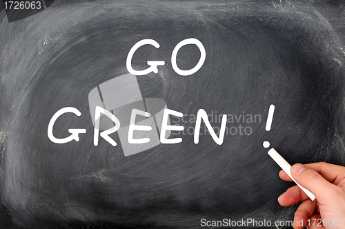 Image of "Go Green" written on a smudged chalkboard background