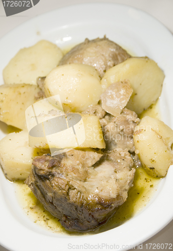 Image of Greek food lamb lemon sauce with potatoes