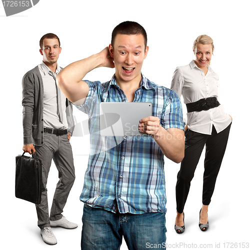 Image of Man With Touch Pad And Business Team 