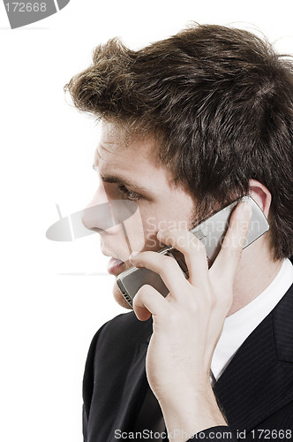 Image of business man on cell phone over white