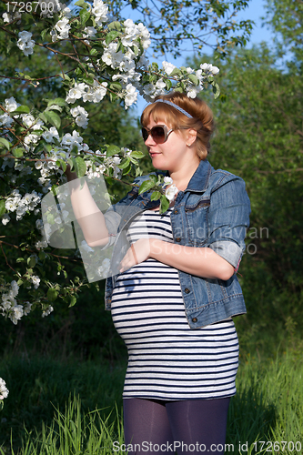 Image of Pregnant woman touching flower
