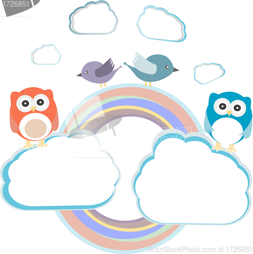 Image of Background with couple of owls sitting and birds on cloud