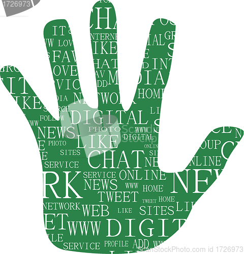 Image of Illustration of hand, keywords on social media themes