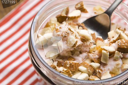 Image of Sweet dessert in glass jar - strawberry cake