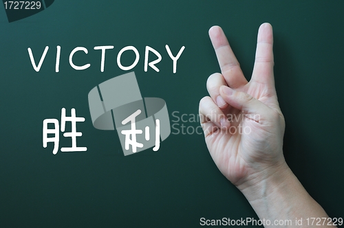 Image of Victory gesture on a blackboard background
