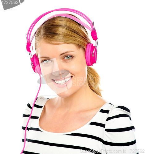 Image of Attractive cheerful woman enjoying music