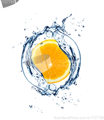 Image of orange in spray of water