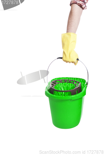 Image of Human hand holding empty plastic bucket container