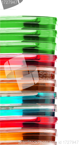 Image of Stack of colorful Petri dishes isolated