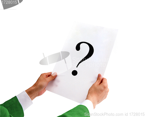 Image of businessman holding a white paper with a question mark