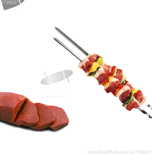 Image of shish kebab on skewers and raw meat