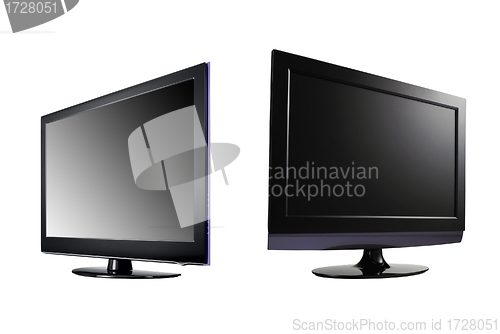 Image of two LCD high definition flat screen TV against white background