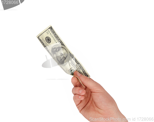 Image of A man's hand holding a one hundred dollar bill