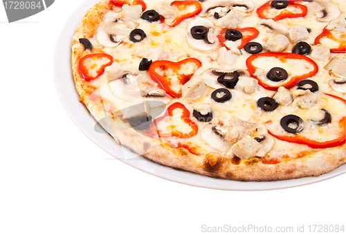 Image of pizza with red pepper and mushrooms