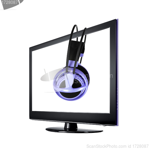 Image of modern lcd with stereo headphones isolated on white