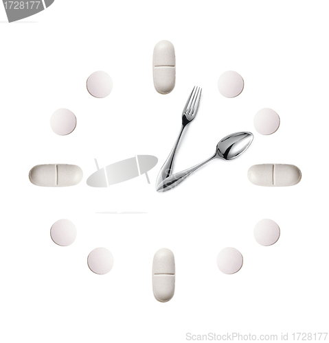 Image of watch made up out of white tablets and fork with spoon