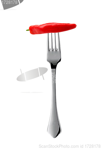 Image of hot chilli pepper on fork isolated