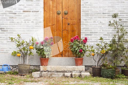Image of Wooden door and garden