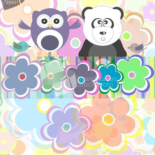 Image of Background with flowers and owl sitting on the flowers
