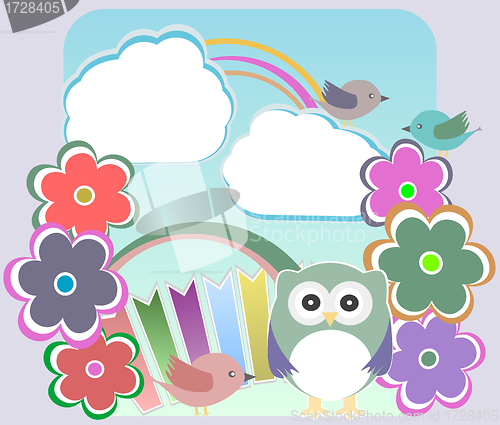 Image of Background with owl, flowers birds and clouds