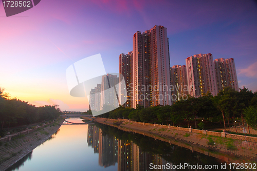 Image of Tin Shui Wai downtown at sunset in Hong Kong