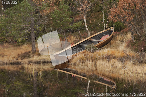 Image of small boat in fall landscape