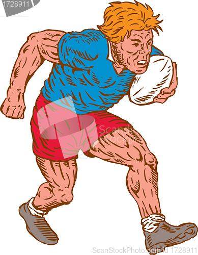 Image of Rugby Player Running With Ball Woodcut