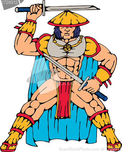 Image of samurai warrior standing front with swords