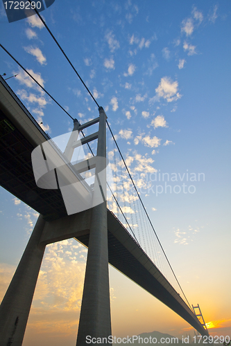 Image of Tsing Ma Bridge in Hong Kong at sunset time