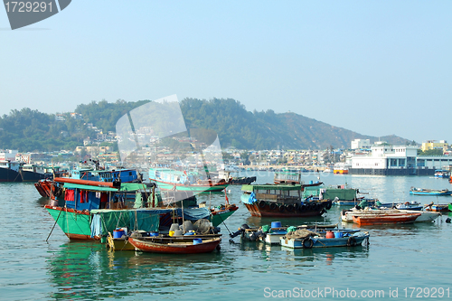 Image of Cheung Chau sea view in Hong Kong, with fishing boats as backgro