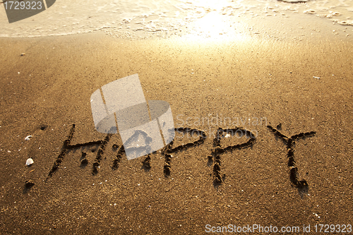 Image of Happy handwritten words on sand