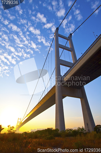 Image of Tsing Ma Bridge in Hong Kong at sunset time