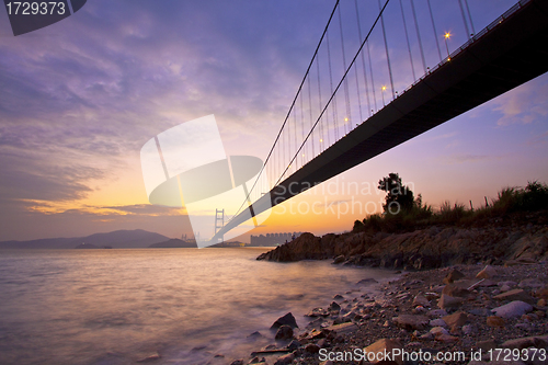 Image of Tsing Ma Bridge in Hong Kong at sunset time