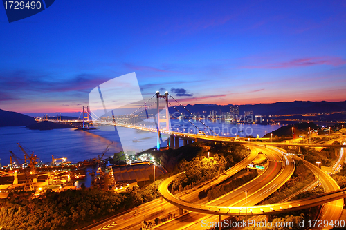 Image of Tsing Ma Bridge at sunset time in Hong Kong