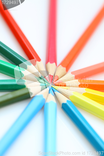 Image of Color pencils in arrange in color wheel colors on white backgrou