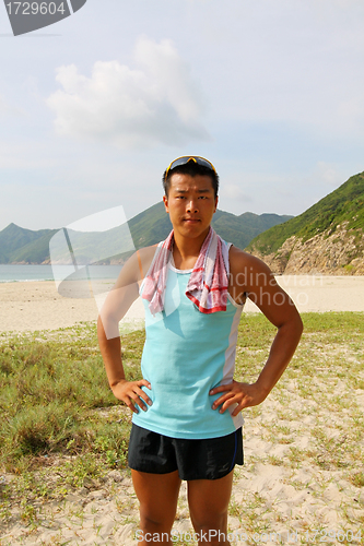 Image of Young sports man outdoor, ready for hiking.