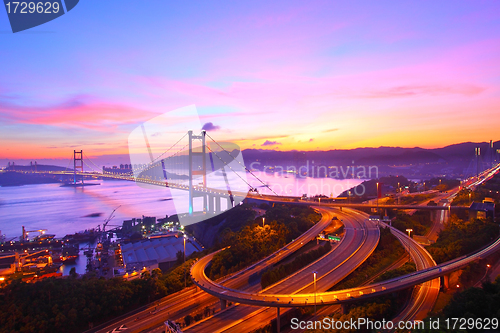 Image of Tsing Ma Bridge at sunset moment in Hong Kong