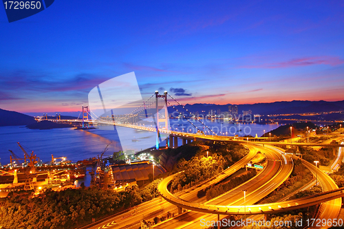 Image of Tsing Ma Bridge at sunset time in Hong Kong