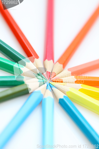 Image of Color pencils in arrange in color wheel colors on white backgrou
