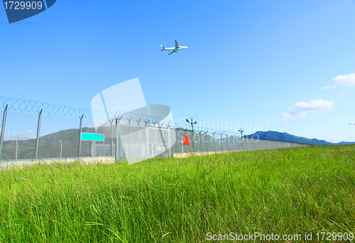 Image of Airplane fly over the green grasses