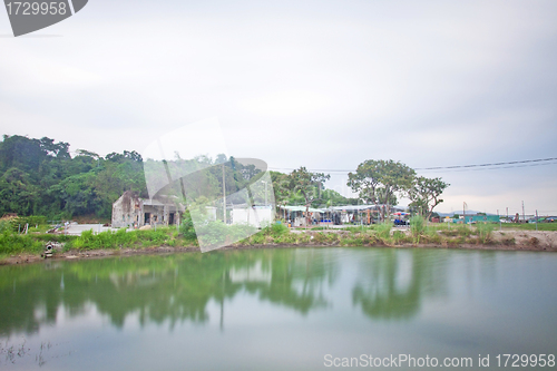 Image of Chinese houses and garden with a pond outside
