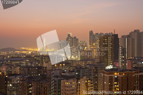 Image of Hong Kong bridge and downtown at sunset